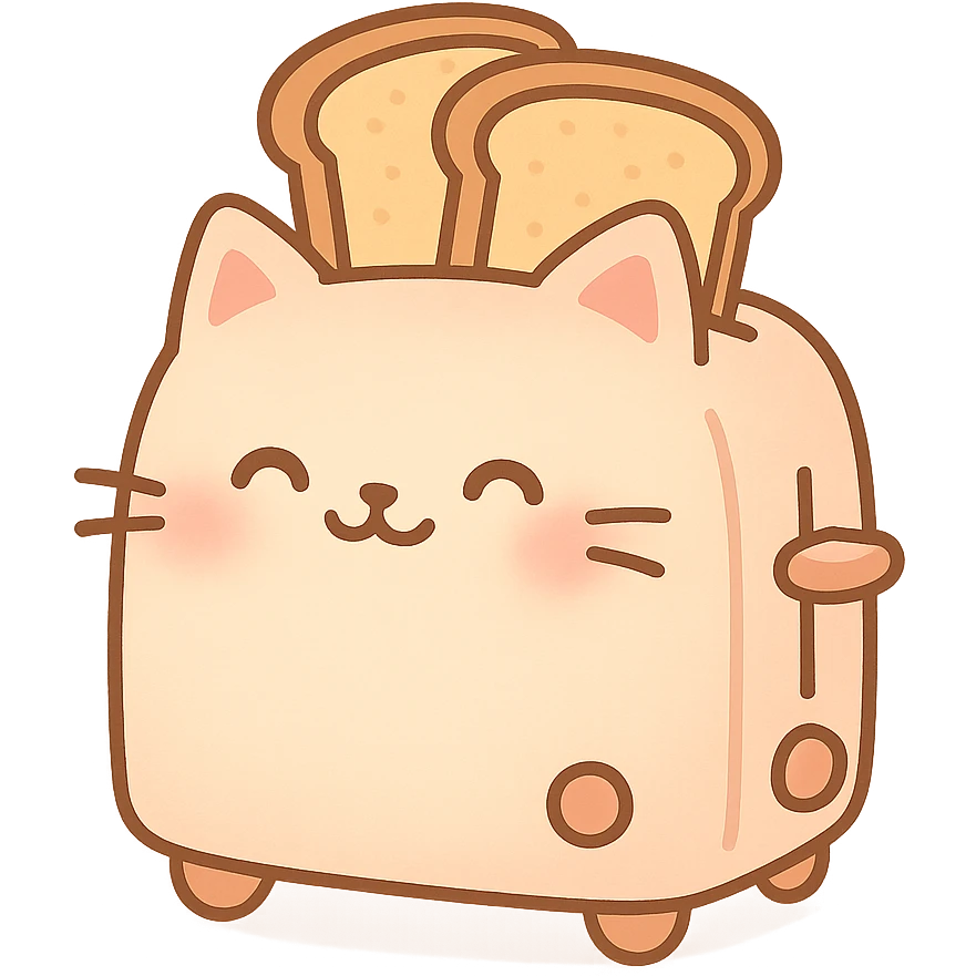 kawaii toaster cat popping out two toast slices, smiling sweetly, soft pastel colors, full-body emoji
