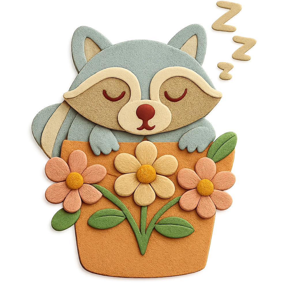 Make the surface texture and finish of the raccoon-in-flower-pot image match the attached fox-and-squirrel image. Keep all designs and elements unchanged, just follow the surface style. emoji