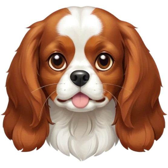Cinematic Cute Blenheim Cavalier King Charles Spaniel Portrait Emoji, Head tilted playfully and inquisitively, silky Blenheim coat with warm chestnut and crisp white patches, round, sparkling brown eyes filled with curiosity, Simplified yet irresistibly adorable features, highly detailed, glowing with a warm, friendly glow, high shine, affectionate and lively, stylized with a touch of whimsy, bright and endearing, soft glowing outline, capturing the essence of a mischievous yet loving pup, so playful it feels like it could pounce out of the screen and into your arms! emoji