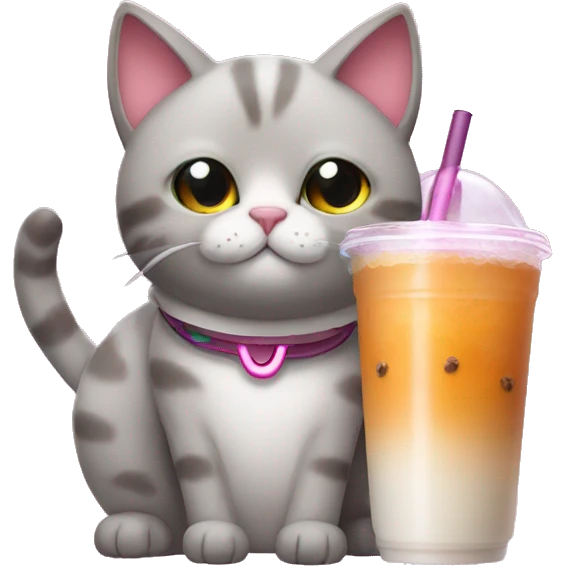 A cat wearing AirPods Max and drinking bubble tea emoji