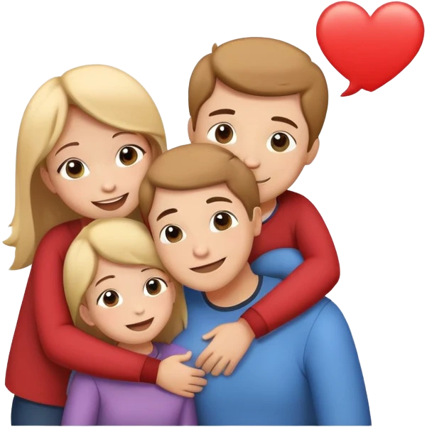 family hugging with a speech bubble saying I love you, cheerful and expressive emoji