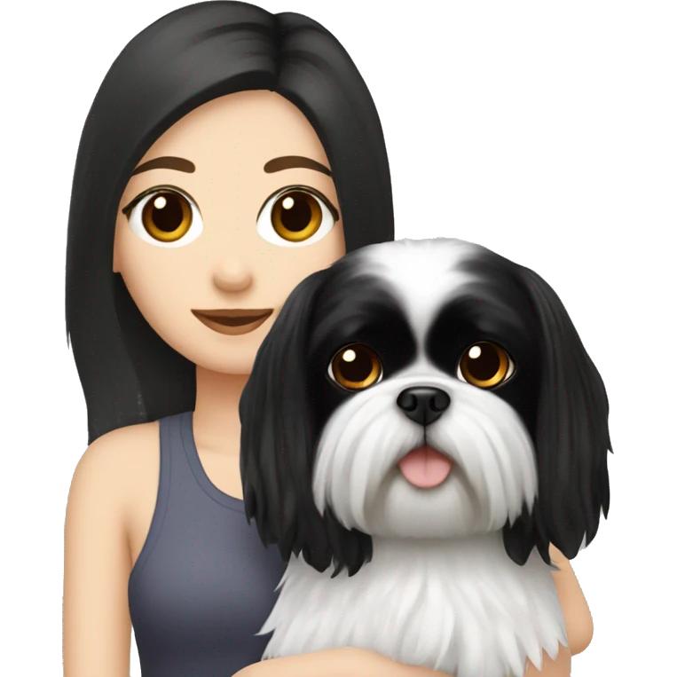 white girl with black hair and eyes holding a black shih tzu emoji