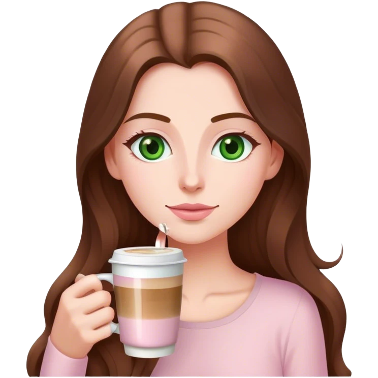 pretty woman with very long brown hair and green eyes and light pink outfit drinking a latte emoji