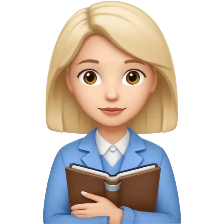 Cute female psychologist character, friendly and professional, holding a notebook, therapy office background, cartoon style, white background emoji