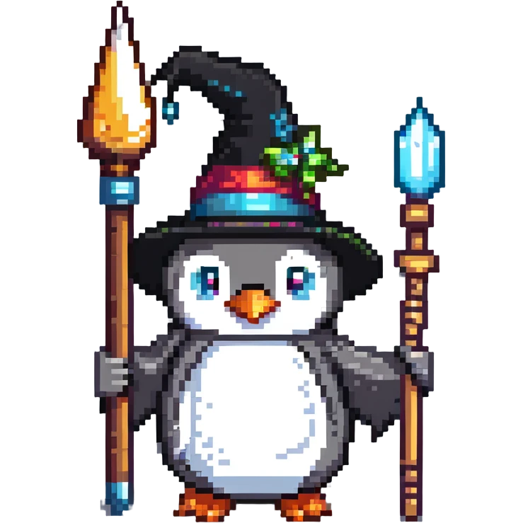 penguin wizard with a pointy hat and magic staff emoji