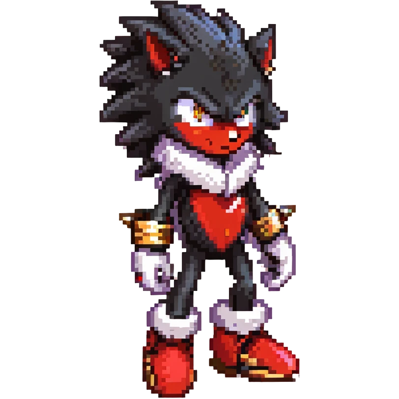 Shadow the Hedgehog standing alone on a ruined highway at dusk, black fur with crimson highlights, piercing red eyes, sharp swept-back quills, white chest fur, sleek hover shoes glowing red, white gloves with gold rings, cold determined aura, cracked asphalt, flickering streetlights, distant skyline emoji