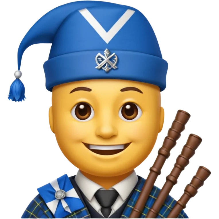Create a smiling emoji based on "party face with party hat" emoji. Use a blue and white colors from the Scottish Saltire. Include bagpipes next to the emoji, incorporating tartan Blending scottish details blending into the design. emoji