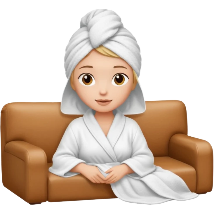 spa A contented and relaxed girl with a towel on her head in a white robe lies on a couch. The icon displays the couch and the girl in full three-quarter view. emoji