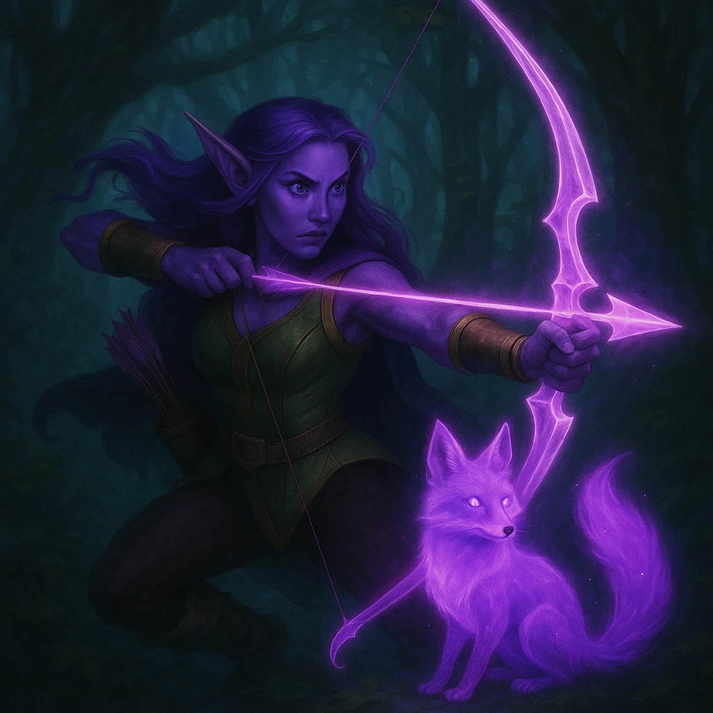 Add a magical pet companion, such as a glowing spirit fox or small dragon, beside the purple fantasy elf archer. Keep the fantasy theme and color harmony in a style consistent with the original image. emoji