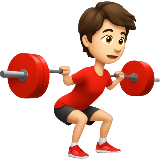 brunette boy in red t-shirt doing a snatch squat emoji