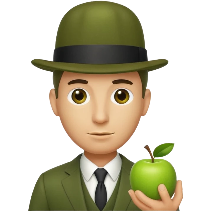 homme en costume chapeu melon, grosse pomme verte devant visage emoji