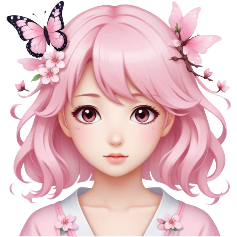A Gorgeous Beautiful Anime Lady Sakura Cherry Blossom and Pretty Hair, pastelcore aesthetic, pastel pink and white, butterfly, Fairycore emoji