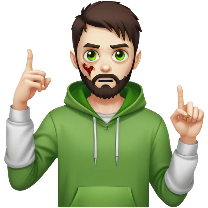 zombie pointing finger, undercut hairstyle with dark brown hair, short full beard, bright green eyes, wearing plain white hoodie emoji
