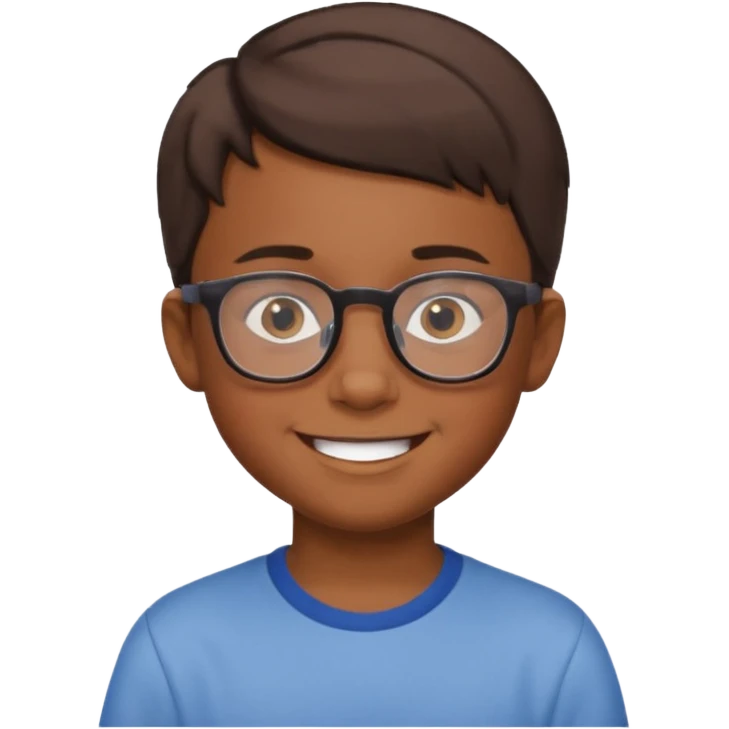 niño de 10 años, moreno, con gafas de ver y pelo corto, expresión sonriente emoji