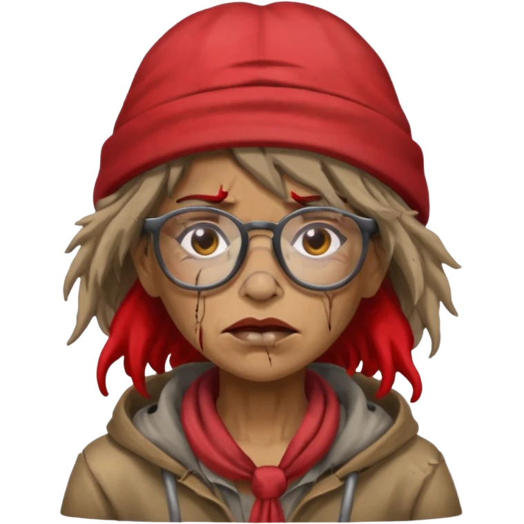 very dirty looking homeless woman with ripped red hat with ugly hair and glassess emoji