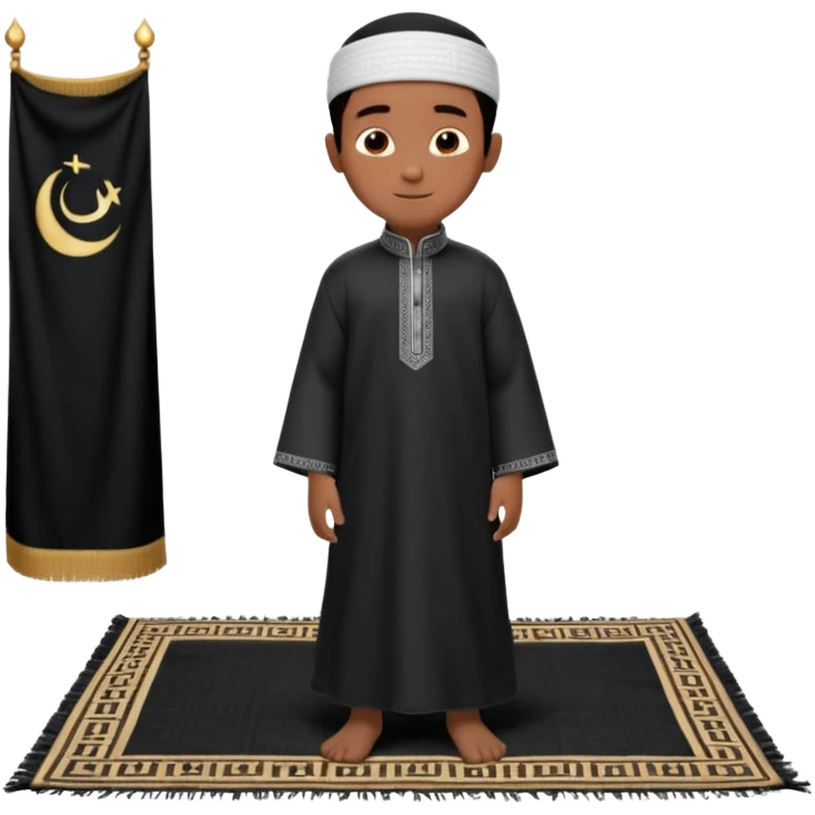Personnage 3D mignon en style Pixar, un petit garçon portant un qamis blanc et un kufi, tenant un tapis de prière, entouré de lanternes brillantes, fond doux, couleurs chaudes, garçon teint noir TENANT UN APPAREIL PHOTO emoji