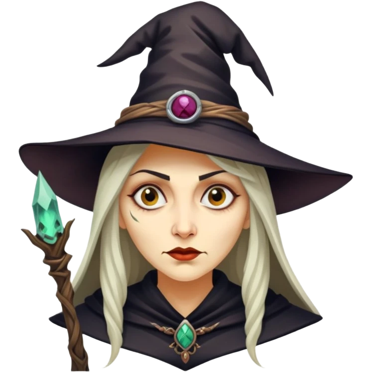 Baba Yaga sorceress woman, classic witch hat, mysterious expression emoji