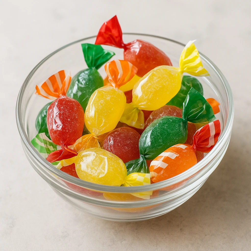 realistic photo of assorted hard Italian candies in a transparent bowl emoji