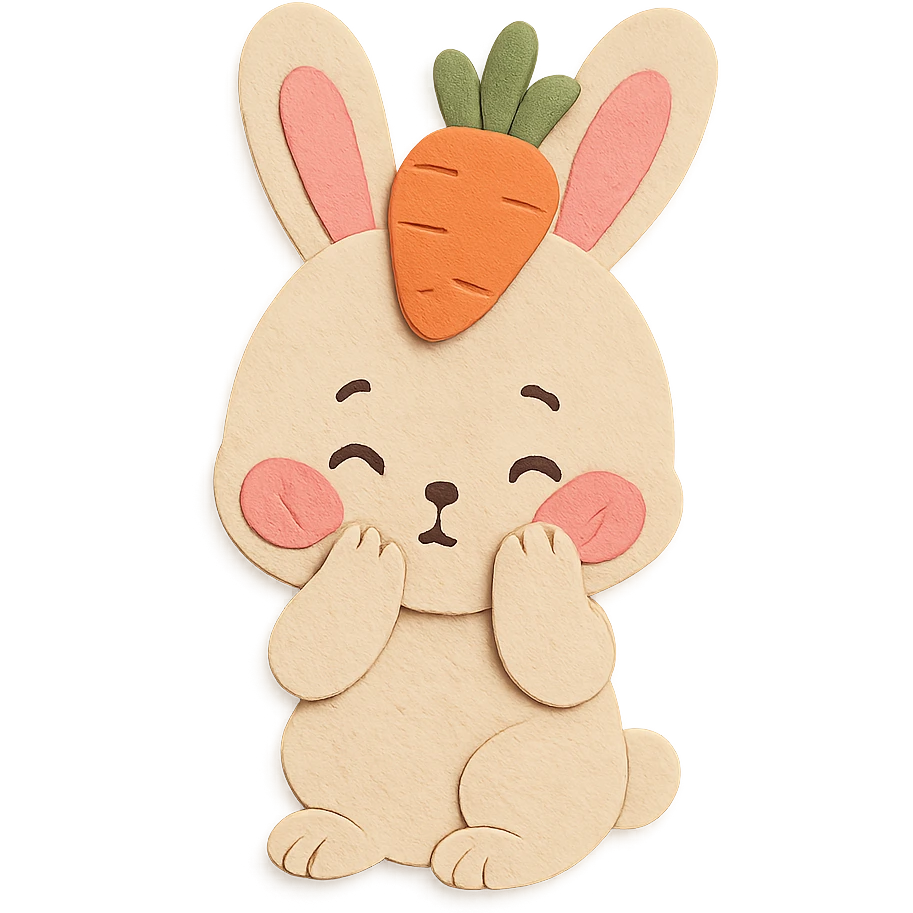 full-body beige bunny with carrot hat, blushing shyly, paws touching cheeks, bashful expression, pastel tones emoji