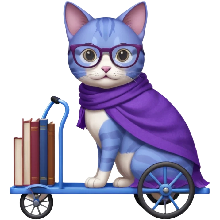 Purple and blue cat, with glasses and a shawl, pushing a 4 wheeled cart full of books emoji
