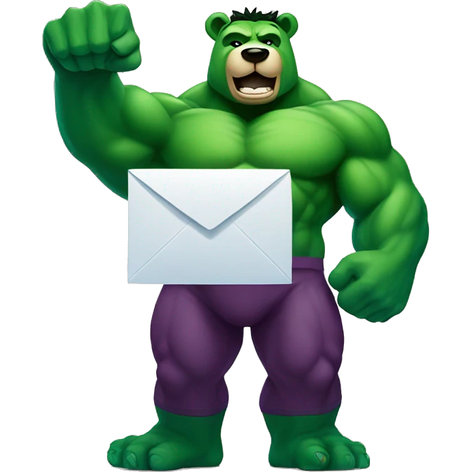 Super hero hulk bear, smiling and holding a mailbox emoji