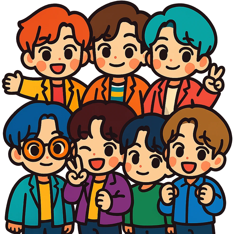 BTS band members as cute chibi characters, vibrant colors, group pose emoji