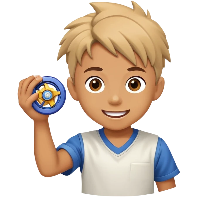 excited child holding a beyblade spinning top toy, happy face emoji