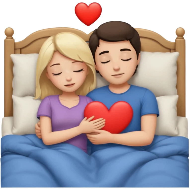 cuddling in bed, asleep. blonde girl. brunette man. eyes closed. heart between them. no headboard emoji