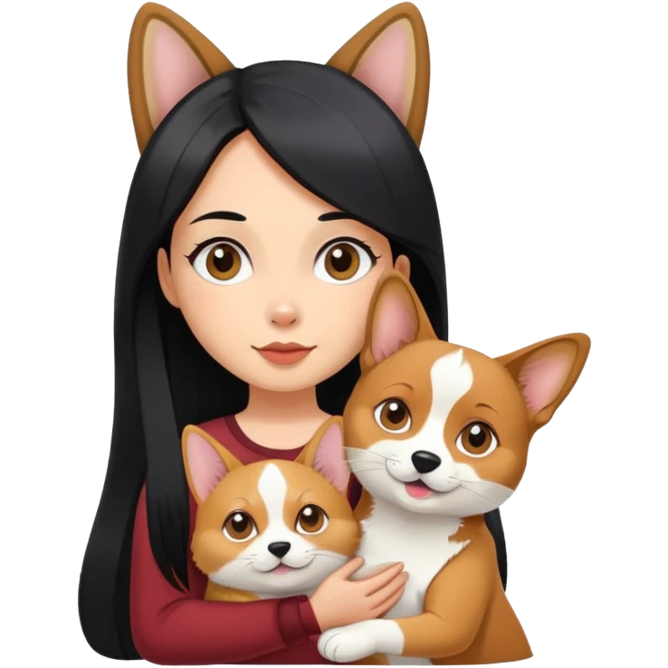 The girl with long black hair holding a corgi and a Abyssinian cat emoji