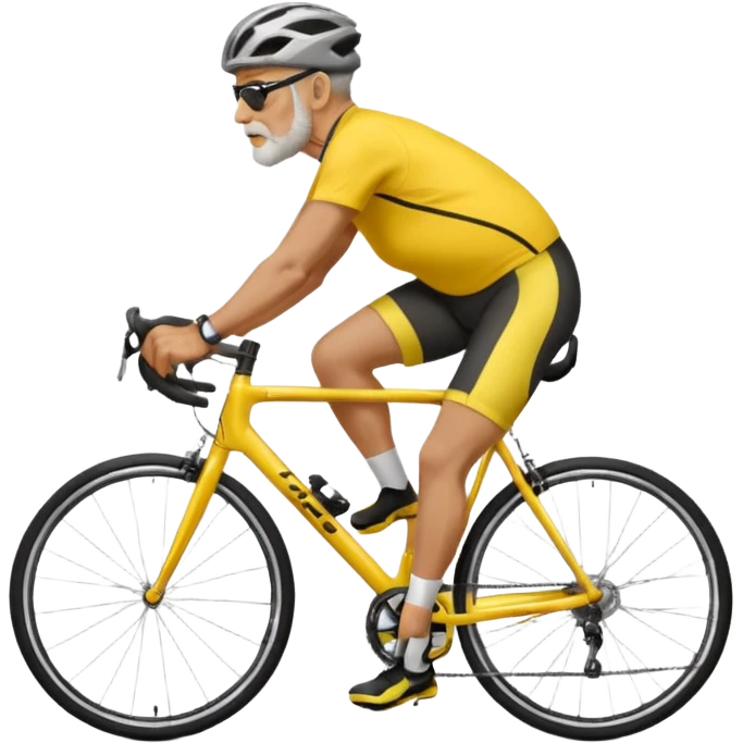 emoji of a 60-year-old man, about 200 lbs, no beard, no eyeglasses, in loose cycling clothes, yellow and black top, straddling a grey road bike, graphic design, adding a background of a road in a neighborhood or highway emoji