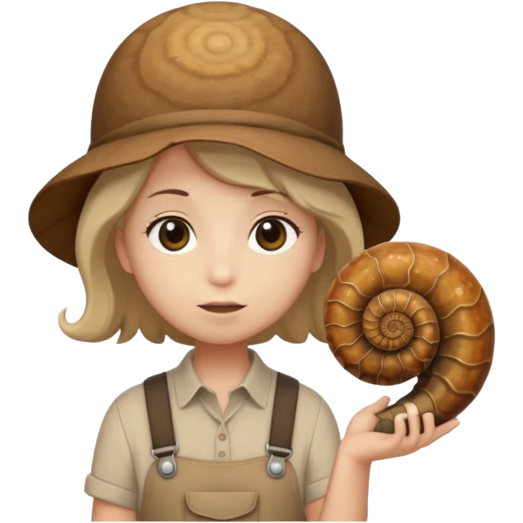 Shelly has a small, chibi-style body with a large ammonite-shaped head that looks like a beige fossil shell. One side of her head has a dark opening, making it clear she isn’t human. Her face is simple and soft, with big round eyes. She wears a brown suspender outfit over a lighter shirt emoji