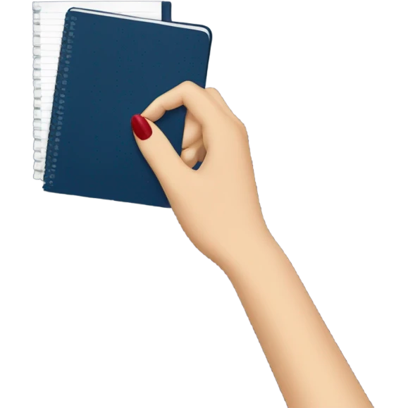 a female hand with a red manicure holds a dark blue notepad emoji