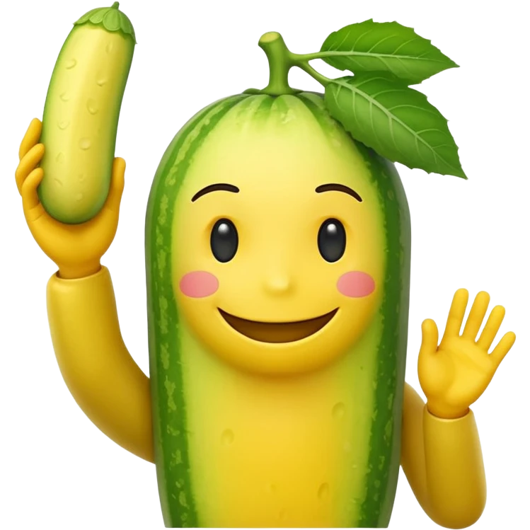 Android smiley face yellow body holding a cucumber upwards by his yellow hand emoji