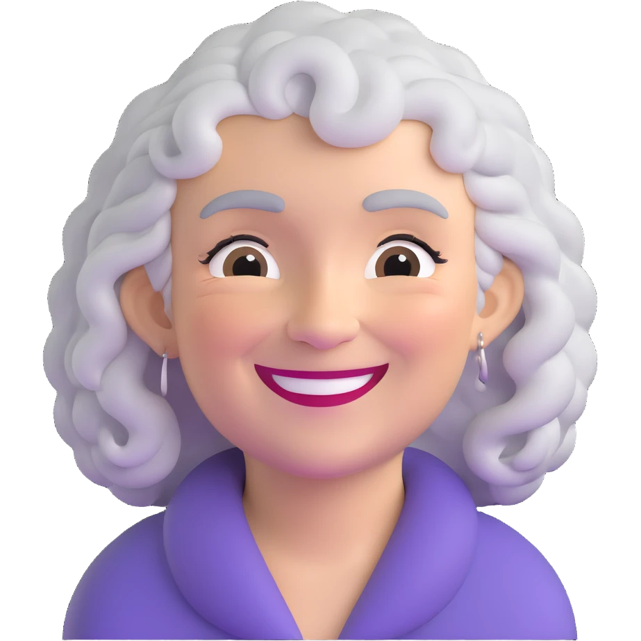 older lady with silver curly hair smiling emoji