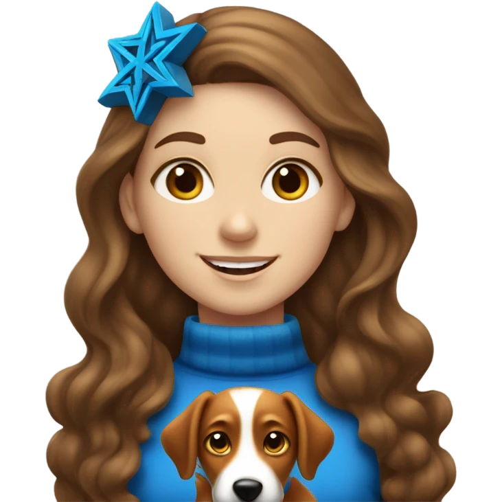 White girl with long wavy brown hair celebrating Hanukkah with her fox looking dog emoji
