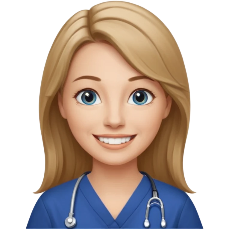 middle aged woman with grey eyes, long, straight light brown / dark blonde hair, grey-blue eyes, winged eyeliner, natural makeup, wearing navy blue scrub top, smiling with teeth showing emoji