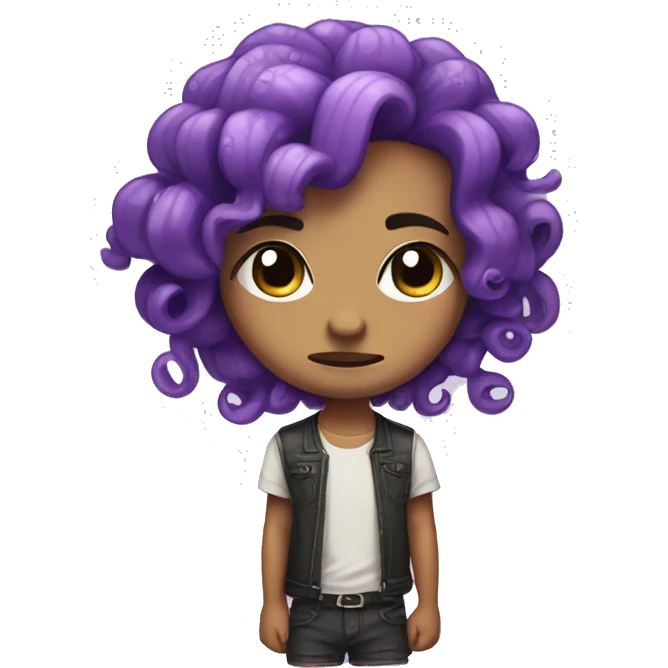 A cute chibi character with purple octopus cut hair and frowning cutely emoji