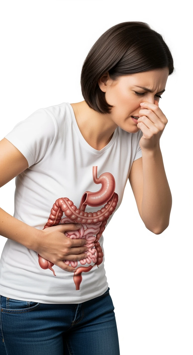 DONNA CHE SI TIENE LA PANCIA CON LA MANO E SI TAPPA IL NASO PER LA PUZZA, INTESTINO UMANO ANATOMICO IN EVIDENZA, ISOLATA SU SFONDO BIANCO emoji