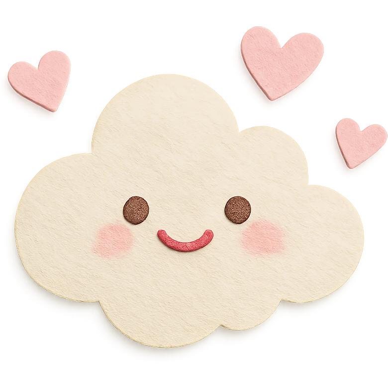 soft pastel tiny floating pink hearts around a fluffy cloud, no arms, no legs, full body, soft pastel kawaii paper craft style emoji