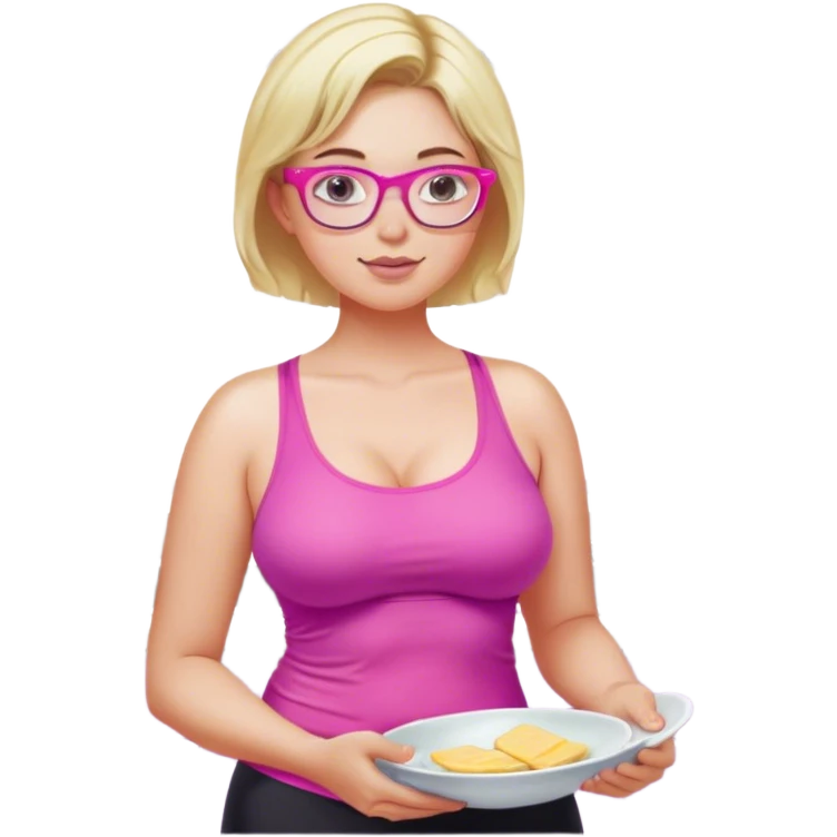 Curvy fair and freckled skinned woman, short blond hair, small light purple reading glasses, washing dishes, short flowing sheer hot pink tank top, without undergarments SFW, black yoga pants, thick booty emoji