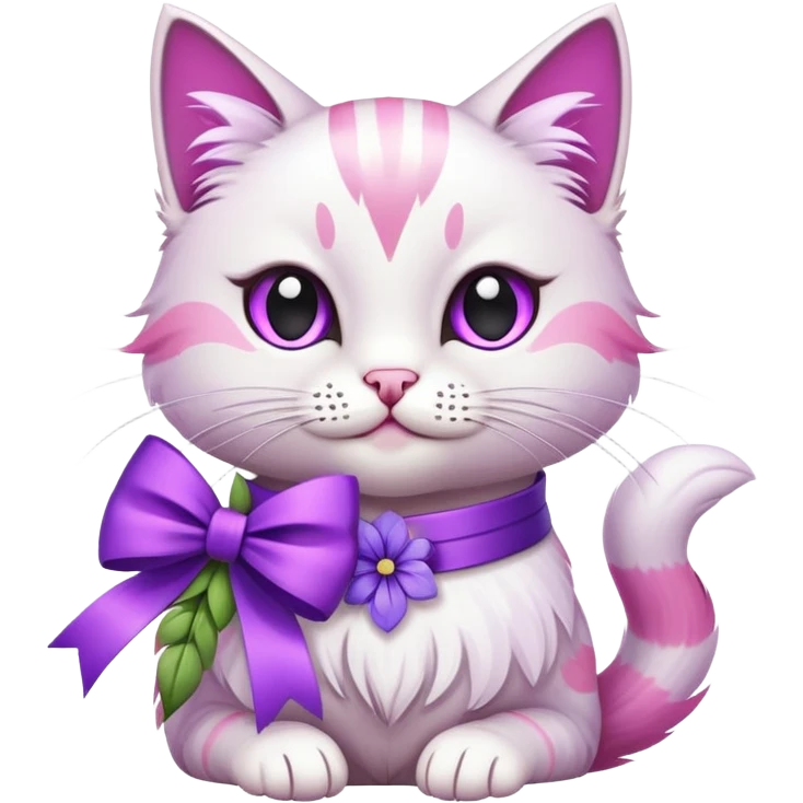 white and pink feathered cat holding purple flowers with a bow on its neck, emoji style emoji