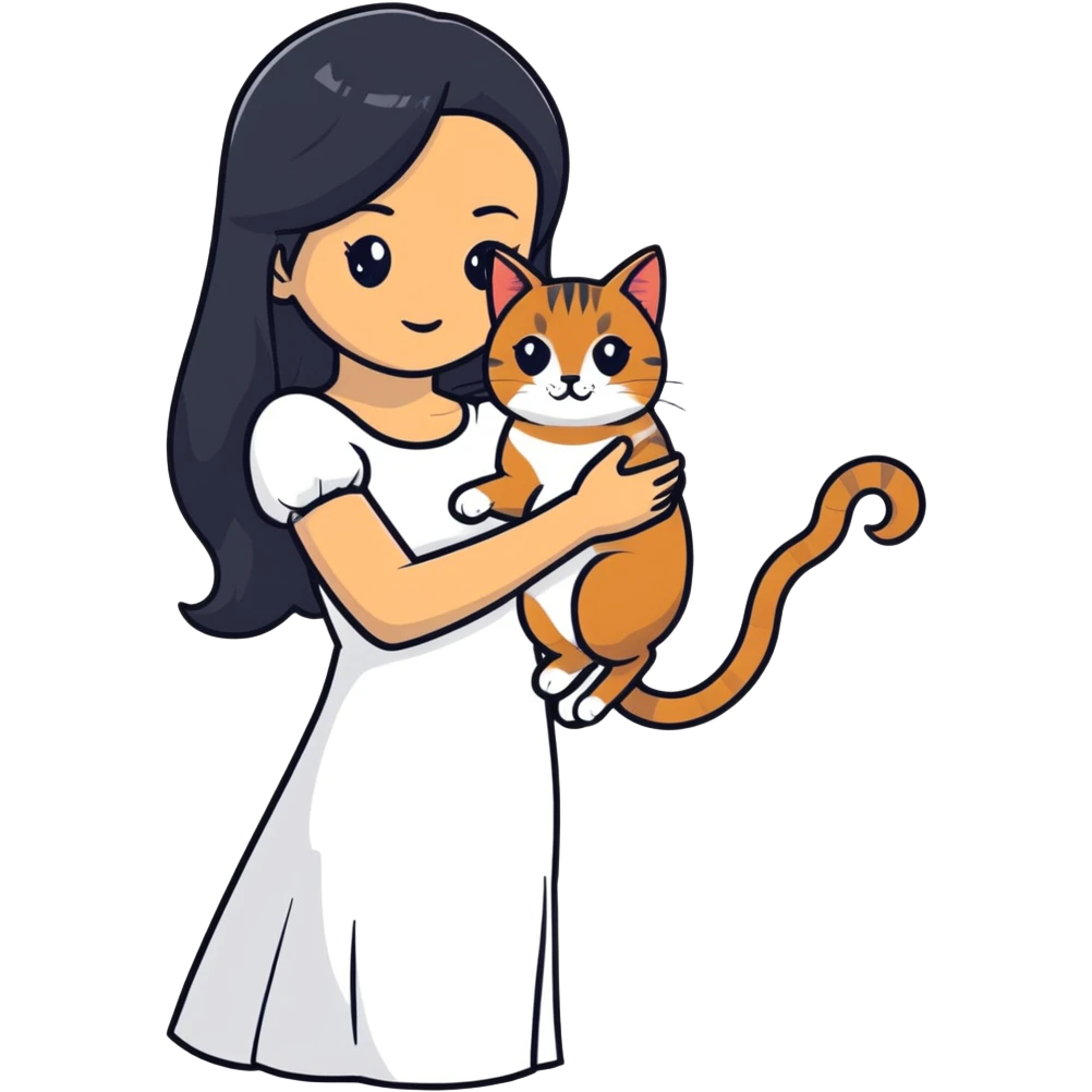 A beautiful girl with long black hair wearing a white dress holds an Abyssinian cat in her arms emoji