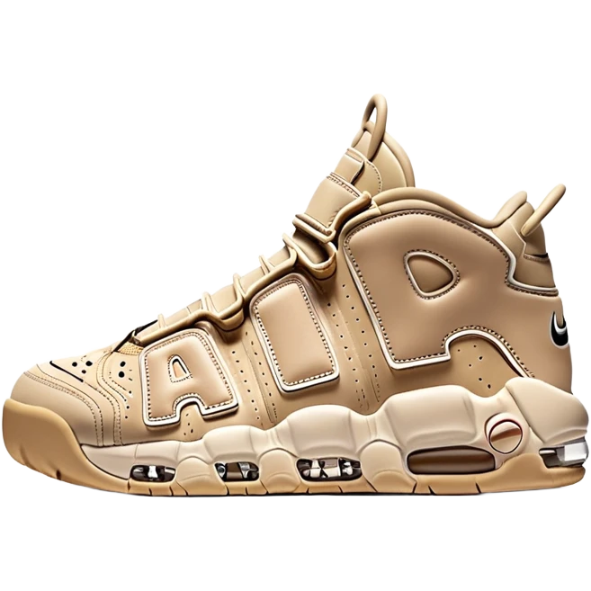 Beige colored Nike Air More Uptempo basketball sneakers with one sneaker positioned behind the other, featuring large AIR text on the sides emoji