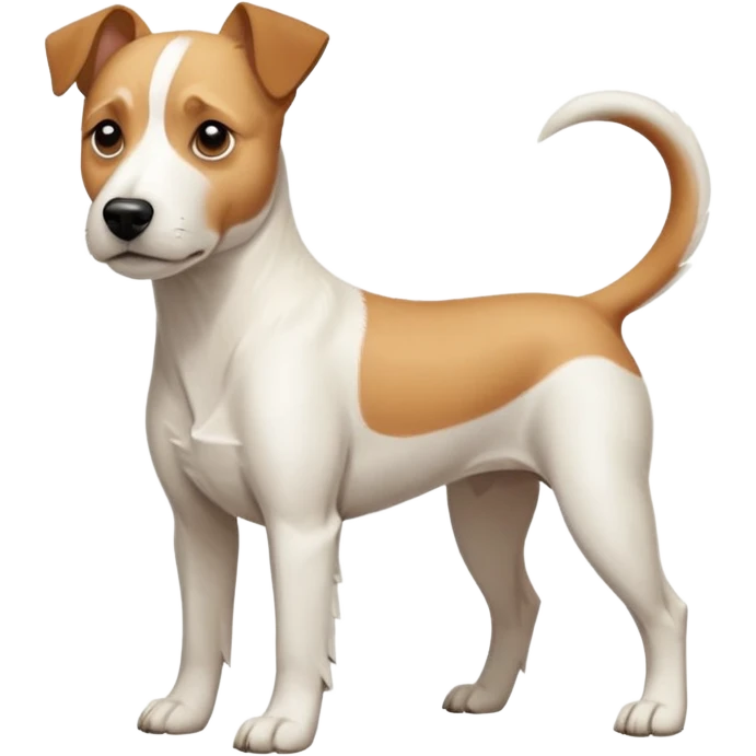 a full body facing front on of a buff white parson russell terrier looking dog the size of a kelpie with light brown long ears resting on its face and a light brown patch on one eye and a large snout. the rest of the dog is completely white.  emoji