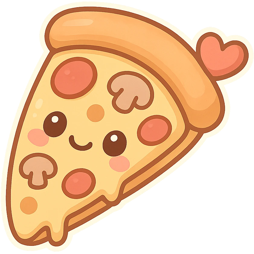 chibi sticker-style slice of pizza with a heart accent, cute and exaggerated emoji