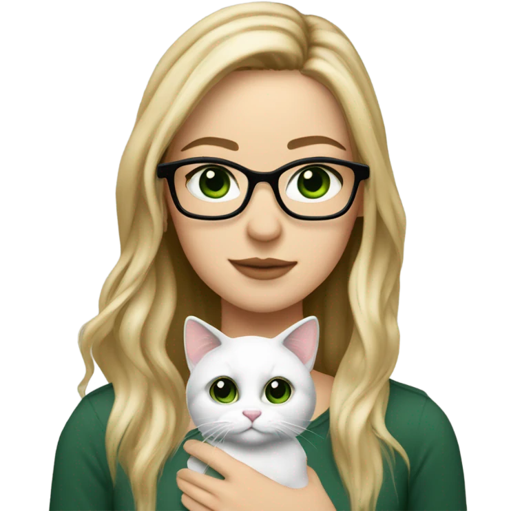 pretty white girl with dark green eyes, long ombré hair from dirty blonde to blonde, with square frame glasses. holding a cat emoji