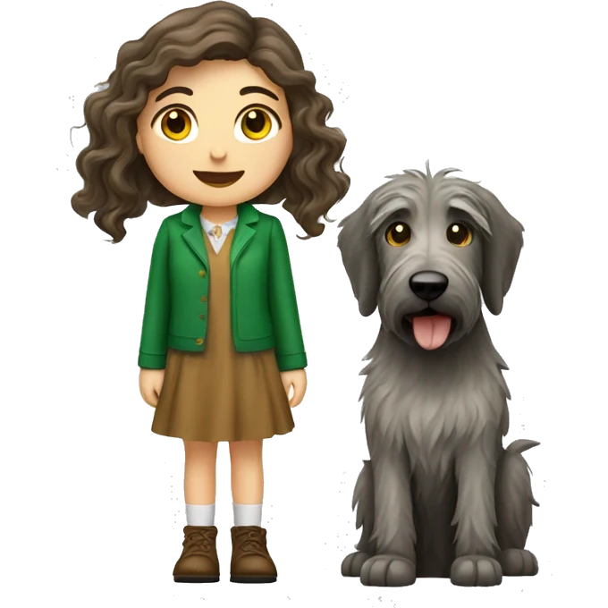 Brown wavy hair girl and an Irish wolfhound dog emoji