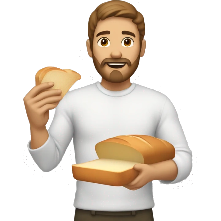 Man with white skin, brown har and brown medium beard eat a slice of white bread emoji