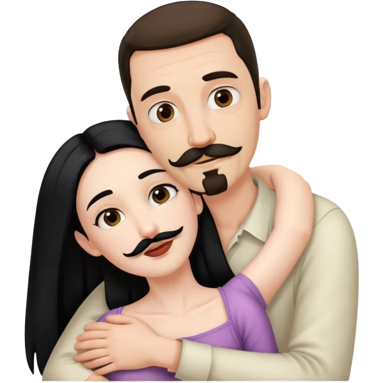 Couple, Tall pale man with brown mustache and goatee, hugging small pale woman long with black hair emoji