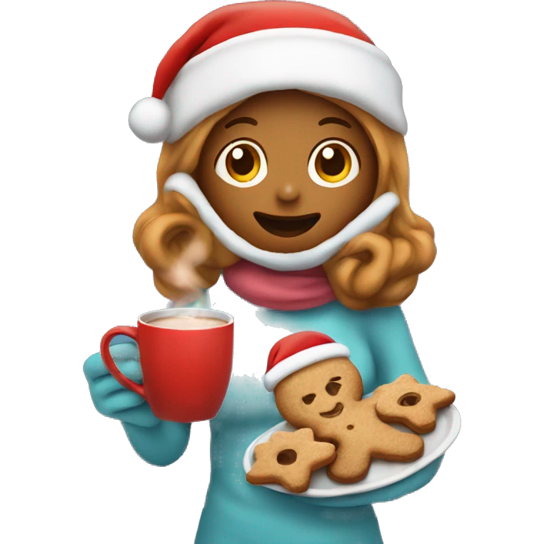 girl with a tray in front of her with gingerman cookies and hot chocolate with blanket and wears a santa hat emoji